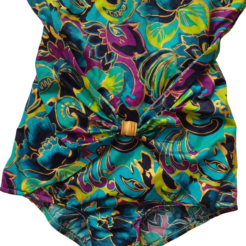 Vintage 980s 90s Jantzen Swimsuit M L Bright Jewel Tone Metallic One Piece 16 - Picture 4 of 9